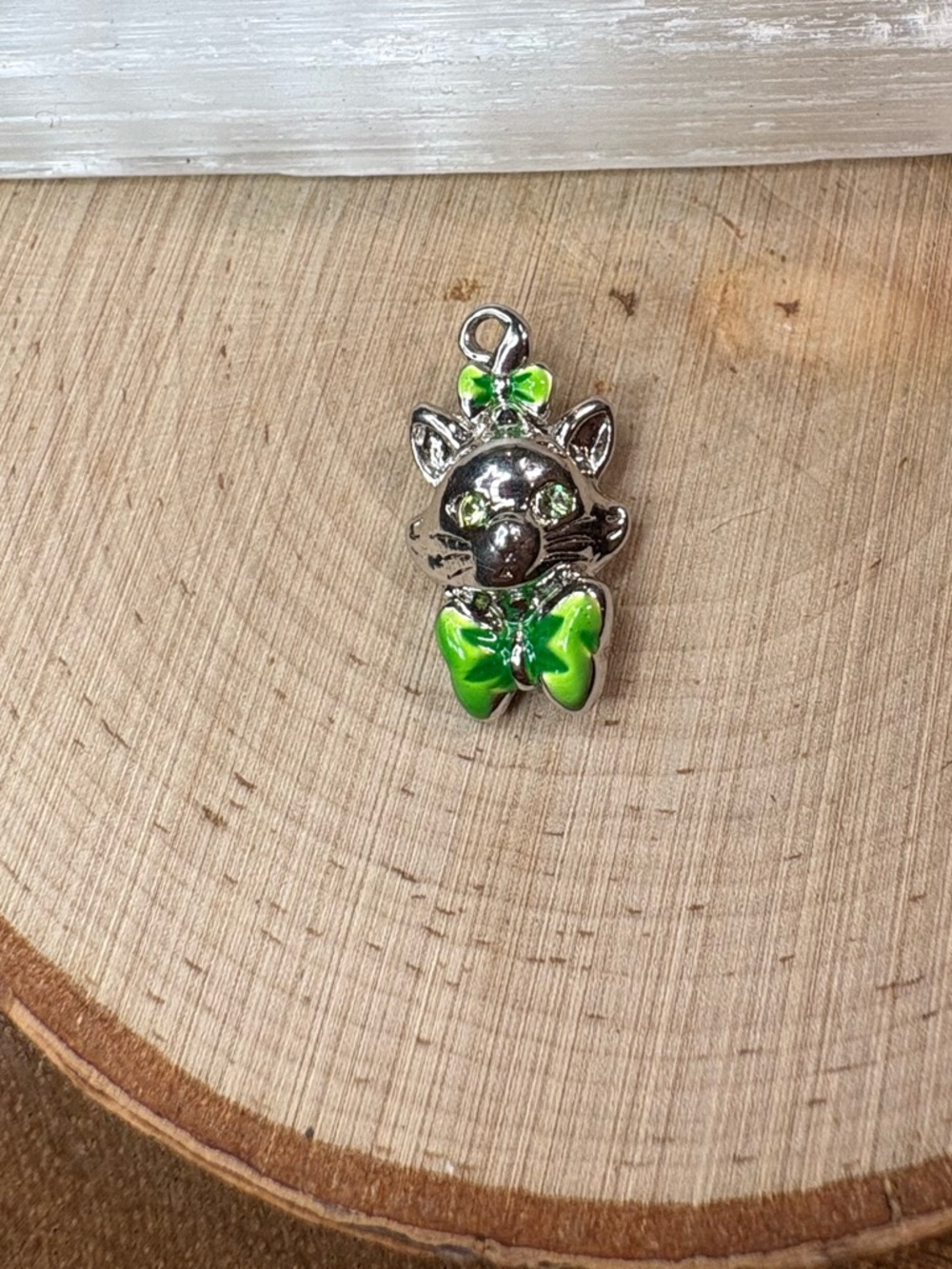 Vintage Silver Cat Charm with Bright Green Enamel Accents